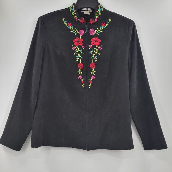 Notations zipper black jacket embroidered flowers size L - Picture 1 of 8